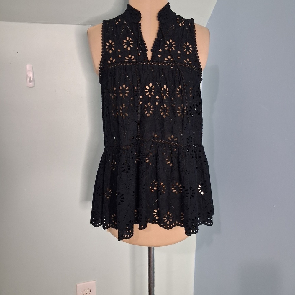 Kate Spade New York Black‎ Cotton Eyelet Lace Peplum Top Sleeveless XS